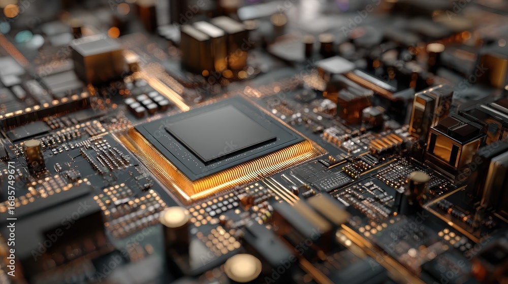 Poster detailed close-up of a modern circuit board showcasing intricate electronic components and layout