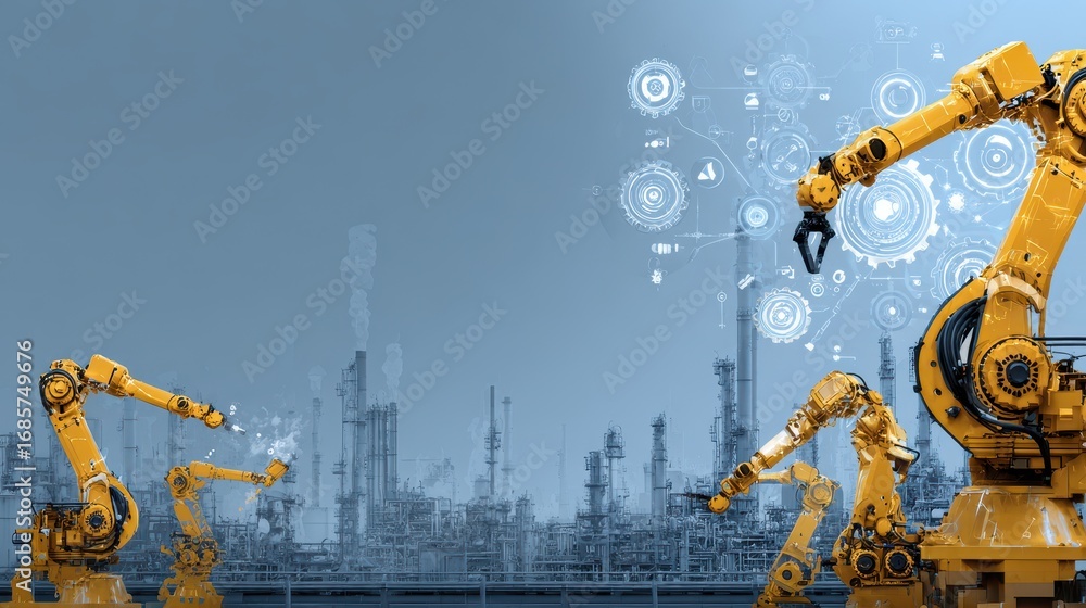 Poster industrial robots automate manufacturing processes in a modern factory environment with advanced tec