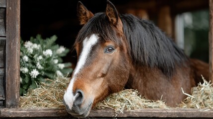 Obraz premium Brown Horse Portrait in Stable with Hay and Christmas Decoration