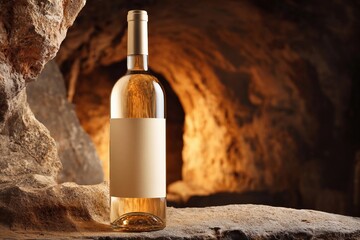 White wine bottle placed on a stone surface in a dimly lit cave