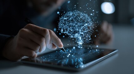 Creative digital brainstorming session showcasing a person interacting with a tablet and visualizing ideas in an abstract format