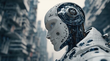 Advanced robotic figure in a futuristic cityscape showcasing intricate design and technology
