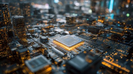 View of a futuristic cityscape illuminated by circuit patterns and glowing microchips at night