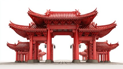 Fototapeta premium Traditional red pagodas stand in a serene arrangement showcasing classic architecture styles in a well-lit environment