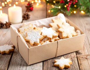 Christmas cookies in a box, dusted with powdered sugar, on a wooden table with lights and candles
