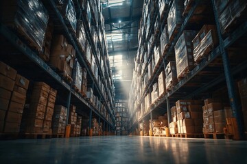 Warehouse interior filled with stacked boxes illuminated by natural light