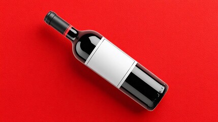 Elegant red wine bottle on vibrant red background with blank label for custom branding