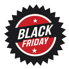 "Black Friday Promo Badge – Bold Red and Black Circular Graphic with Jagged Border, Slanted White Text, and Star Accents – Representing Seasonal Sales, Retail Discounts, and Shopping Events – Ideal fo