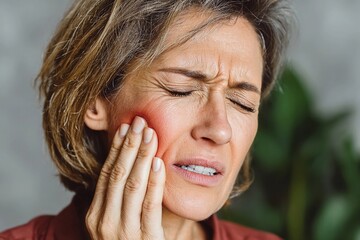 Woman experiencing dental pain while holding her cheek at home in the afternoon