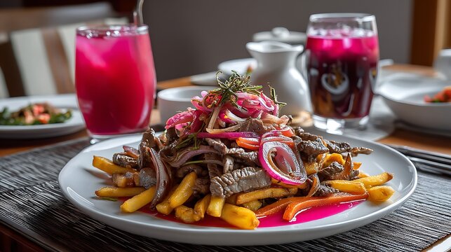 Peruvian lomo saltado, a delicious stir-fried beef dish served with crispy fries and onions, accompanied by a refreshing glass of chicha morada, set in the heart of Perua??s culinary landscape