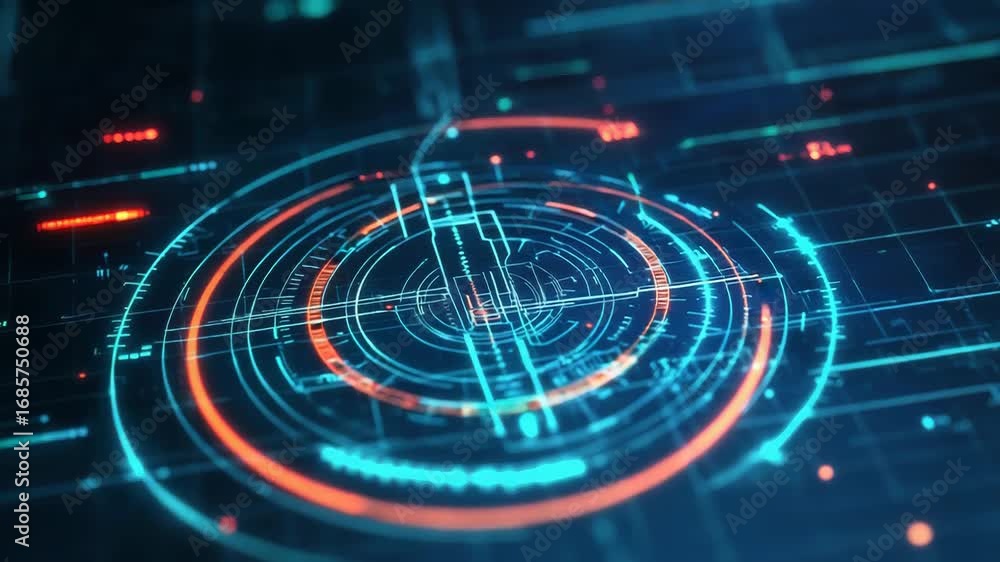 Poster futuristic head up display showing targeting system with radar and scope