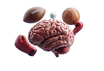 Human brain surrounded by sports balls and boxing gloves