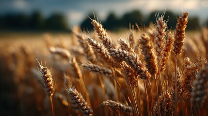 Golden wheat field at sunset, close-up of ripe wheat ears in warm light