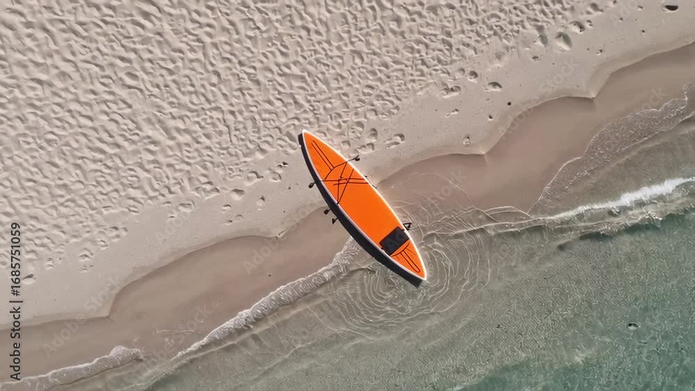 Poster waves gently lap against the shore of a pristine beach where an orange paddle board rests on the wet