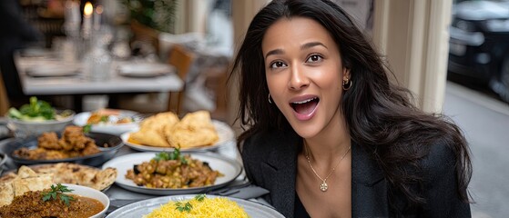 A woman shares her excitement as she enjoys a table filled with diverse and colorful dishes, showcasing culinary variety and joy