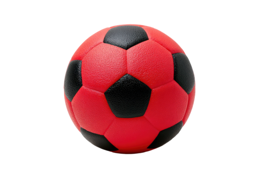 Red and black soccer ball, isolated on black.  