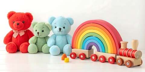 Obraz premium colorful teddy bears and wooden rainbow train toys