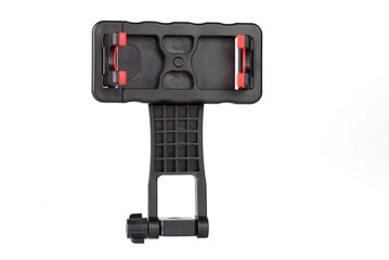 Black smartphone holder with red grips isolated on white background.