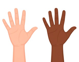 Two hands raised, different skin tones