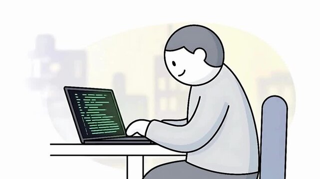 Minimalist animated character focused on writing code on a laptop representing a programmer software developer or tech industry professional.
