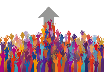 Many hands reaching upward towards a gray arrow