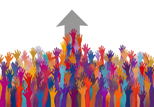 Many hands reaching upward towards a gray arrow