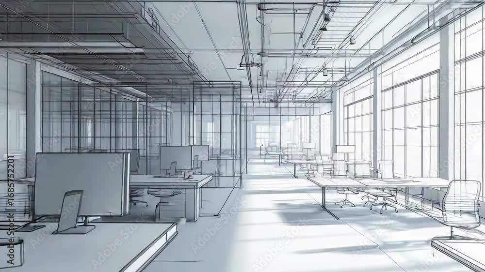 Poster modern office interior design project showing desks and computers