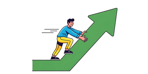 Determined cartoon man pushing a large green arrow upwards representing business growth progress effort and overcoming challenges.
