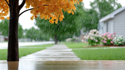 A tranquil setting features a white house beside a lake, surrounded by an orange tree and blooming flowers during a rainy autumn day