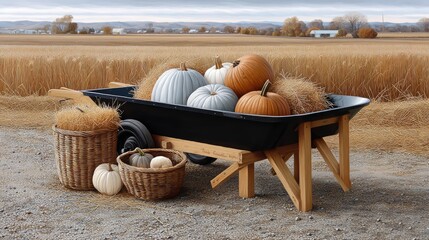 A wheelbarrow holds various pumpkins and decorative items, set against a golden harvested field under a cloudy autumn sky