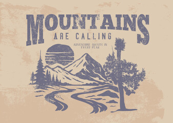 A vintage Mountain poster illustration with an old postage stamp design and grunge paper texture, perfects for tee sweatshirt and more apparels 