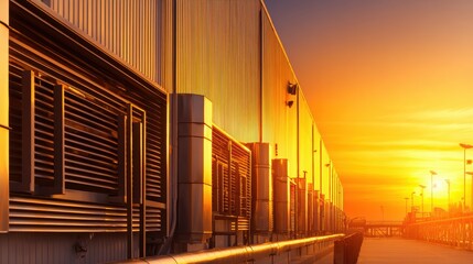 Sunset over industrial buildings with reflective surfaces and warm hues, creating a serene atmosphere