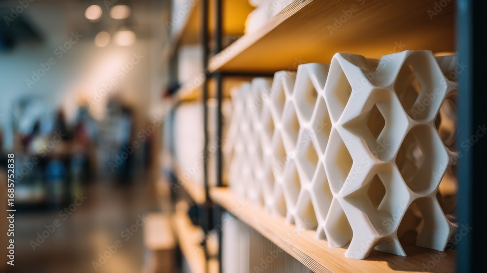 Poster creative medium shot of durable 3d printed shelving units arranged in a customizable layout main uni