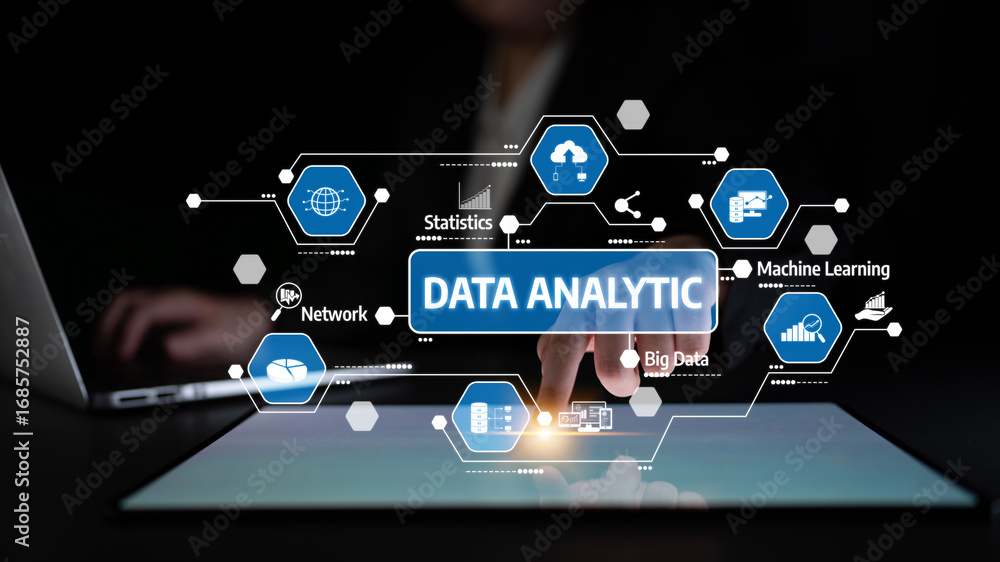Poster digital representation of data analytic concepts on a screen, highlighting elements of big data, mac