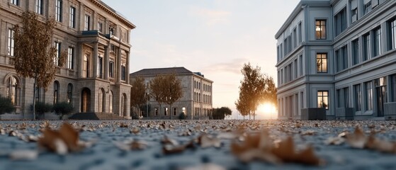 Golden leaves scatter across a walkway, illuminated by the warm glow of sunset near a contemporary building in the background
