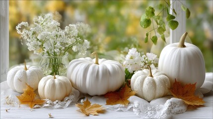Three white pumpkins rest on a rustic wooden surface, adorned with vibrant orange autumn leaves, capturing the essence of fall