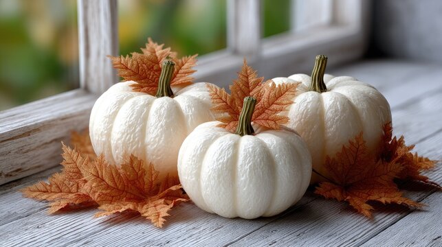 Three white pumpkins rest on a rustic wooden surface, adorned with vibrant orange autumn leaves, capturing the essence of fall - Powered by Adobe