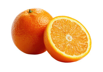 Two oranges, one whole and one sliced, vibrant orange color, studio shot