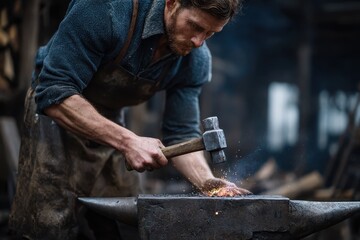 Closeup of blacksmith working with hammer on glowing iron in traditional forge environment during daylight