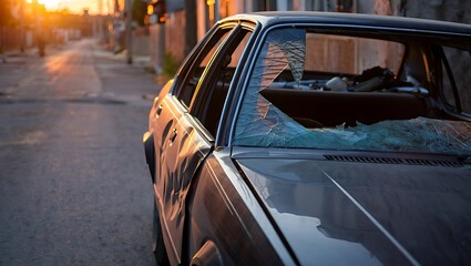 Damaged vehicle with shattered windshield on a street