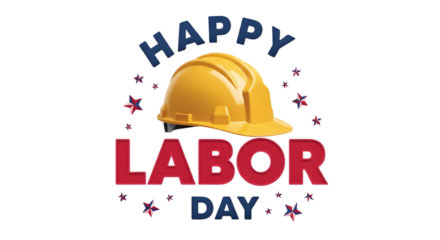 Happy Labor Day graphic featuring a yellow hard hat and stars, celebrating workers and the holiday.