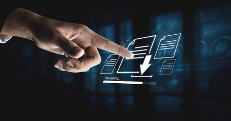 Visual representation of digital document downloading, showing file transfer, data access, and progress status for secure and efficient information retrieval Vouch