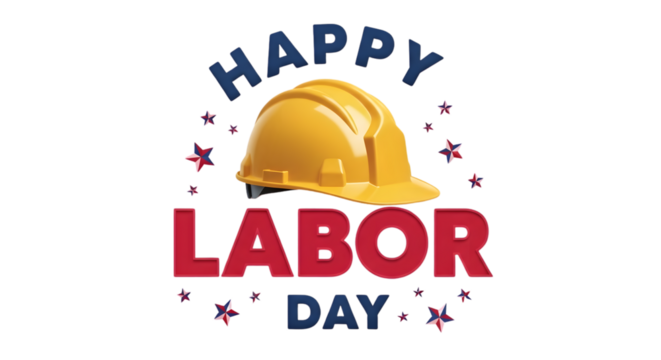 Happy Labor Day graphic featuring a yellow hard hat and stars, celebrating workers and the holiday.