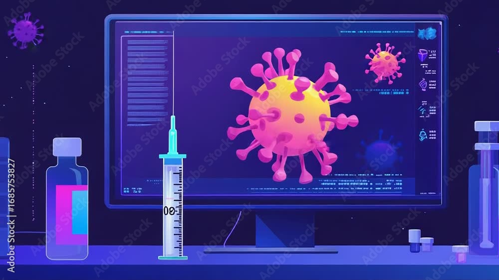 Poster scientists developing vaccine for covid 19 using computer software and syringe