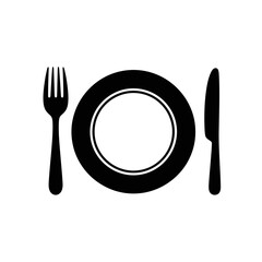 Vector art of a black silhouette of a plate with a fork and knife, isolated on a, representing dining or a meal setting