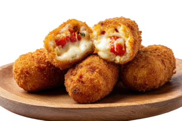 Crispy, golden-brown, filled croquettes on a wooden plate.  Two halves show melted cheese and red peppers inside
