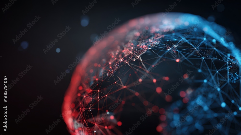 Poster digital globe displaying interconnected networks in blue and red colors against a black background d