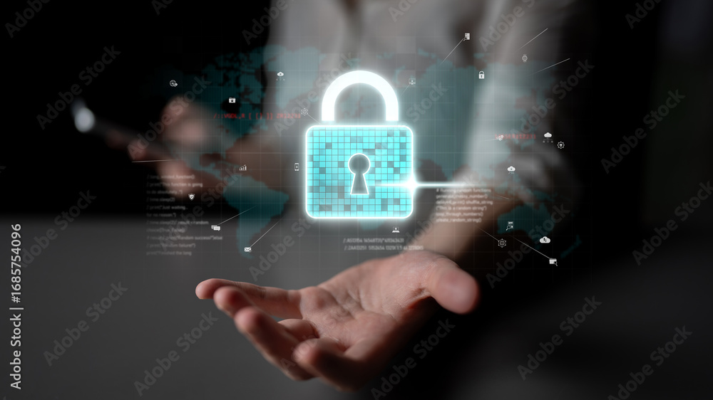 Aufkleber cyber security protects against breaches, hacks, and network attacks using strong infrastructure and