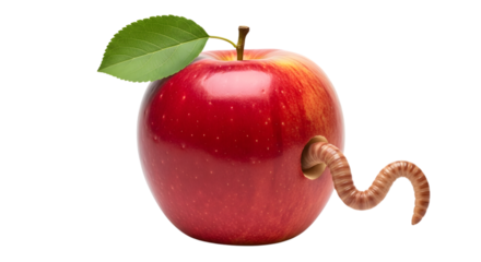 Shiny red apple with a worm peeking out, a whimsical take on nature's imperfections and the cycle of life, great for healthy eating campaigns