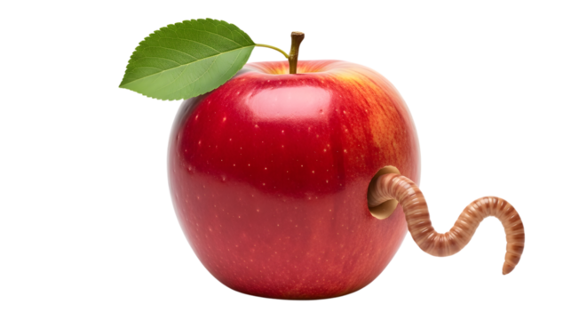Shiny red apple with a worm peeking out, a whimsical take on nature's imperfections and the cycle of life, great for healthy eating campaigns
